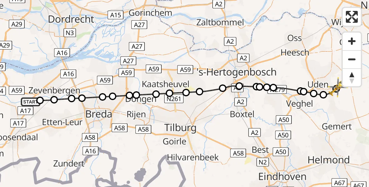 Vluchtroute Traumahelikopter Standdaarbuiten - Volkel, 13 juli 2026, 20:07