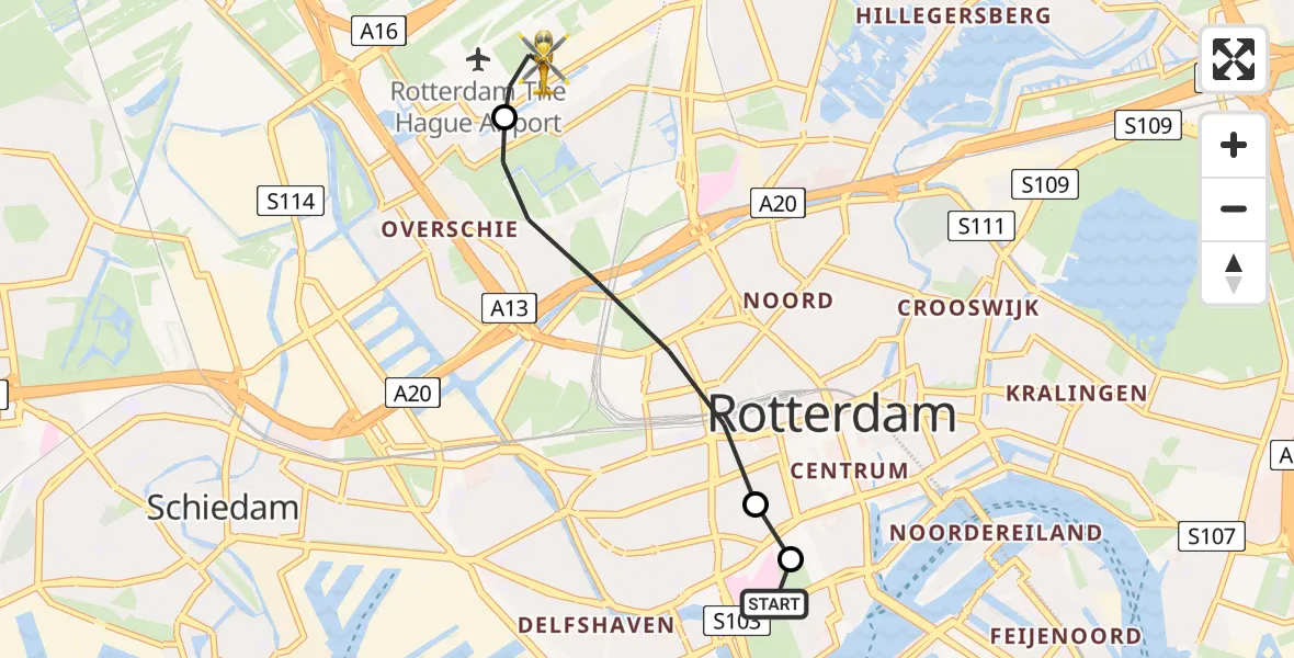 Vluchtroute Traumahelikopter Erasmus MC - Rotterdam The Hague Airport, 13 juli 2026, 20:29