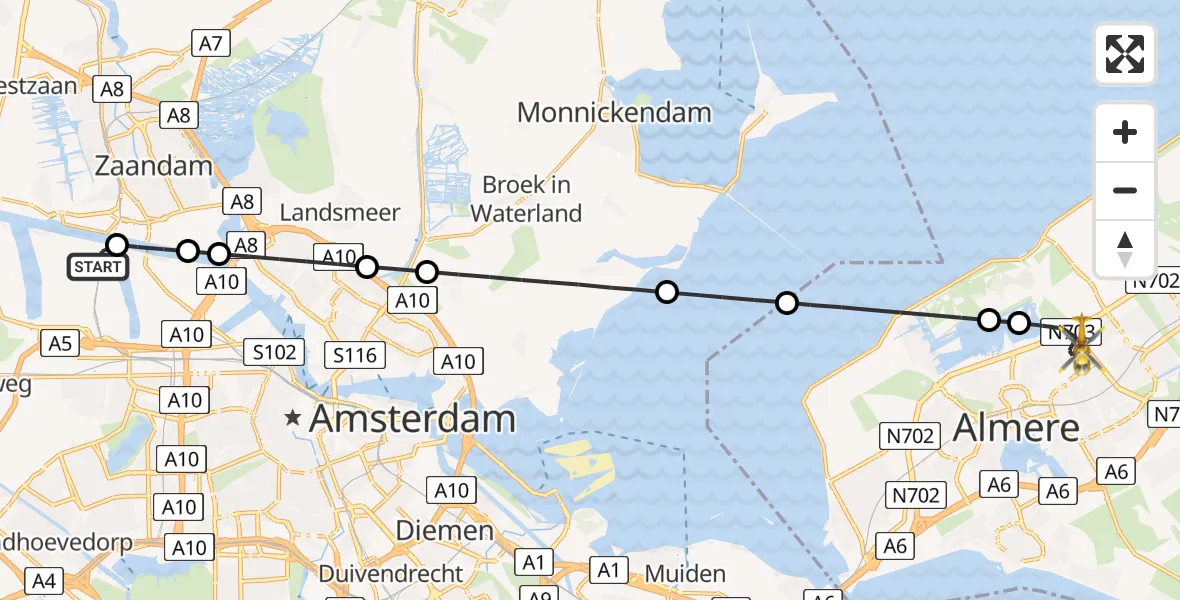 Vluchtroute Traumahelikopter Amsterdam Heliport - Almere, 13 juli 2026, 20:48
