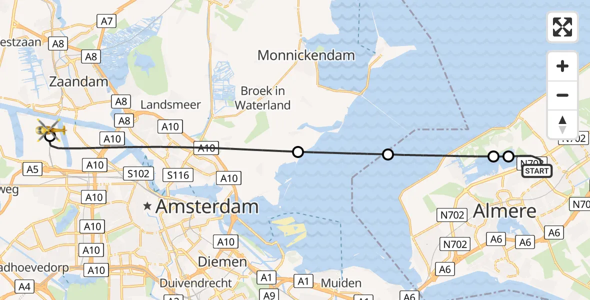 Vluchtroute Traumahelikopter Almere - Amsterdam Heliport, 13 juli 2026, 21:15