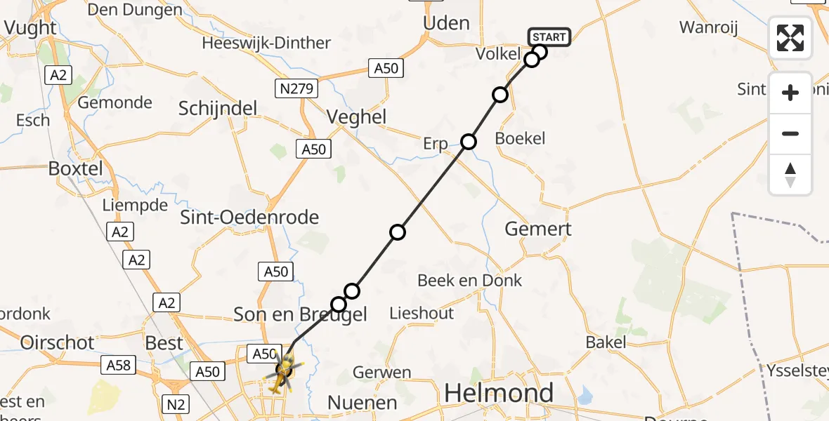 Vluchtroute Traumahelikopter Vliegbasis Volkel - Eindhoven, 14 juli 2026, 06:31