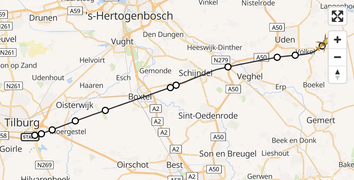 Vluchtroute Traumahelikopter St. Elisabeth Hospital Heliport - Vliegbasis Volkel, 14 juli 2026, 07:25