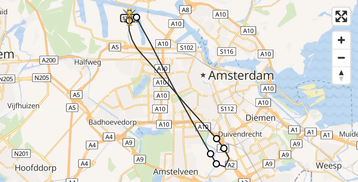 Vluchtroute Traumahelikopter Amsterdam Heliport - Amsterdam Heliport, 14 juli 2026, 07:57