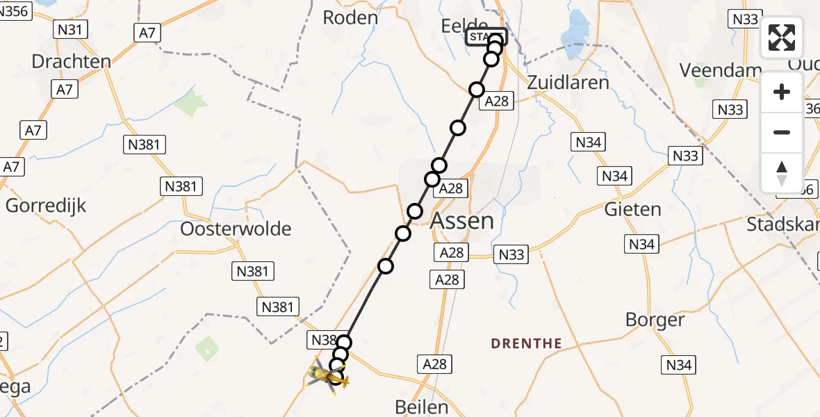 Vluchtroute Traumahelikopter Groningen Airport Eelde - Dwingeloo, 14 juli 2026, 09:06