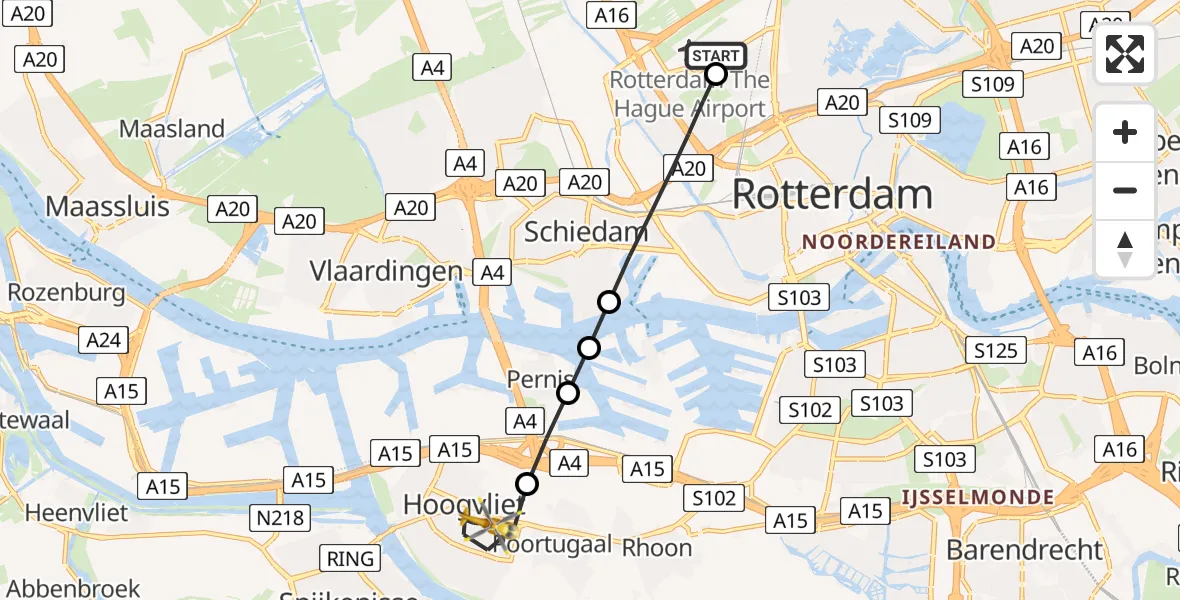 Vluchtroute Traumahelikopter Rotterdam The Hague Airport - Hoogvliet Rotterdam, 14 juli 2026, 10:43
