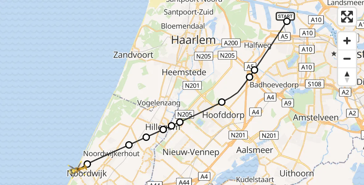 Vluchtroute Traumahelikopter Amsterdam Heliport - Noordwijk, 14 juli 2026, 11:19