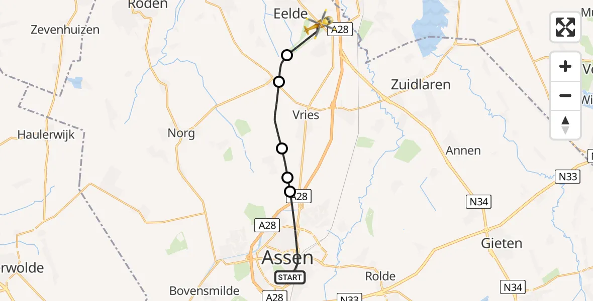 Vluchtroute Traumahelikopter Assen - Groningen Airport Eelde, 14 juli 2026, 11:26