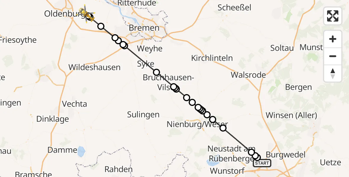 Vluchtroute  Flughafen Hannover - Hude (Oldb), 14 juli 2026, 11:27