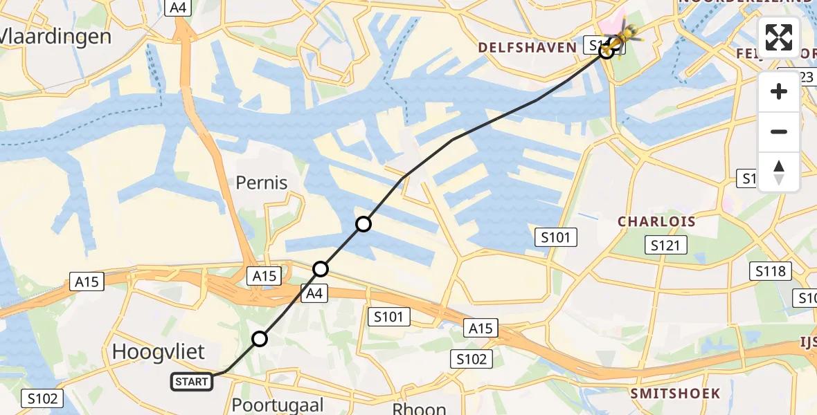 Vluchtroute Traumahelikopter Hoogvliet Rotterdam - Erasmus MC, 14 juli 2026, 11:36