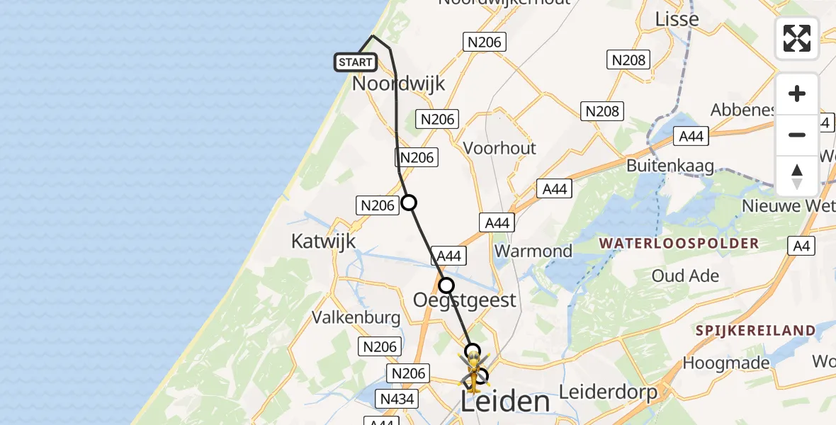 Vluchtroute Traumahelikopter Noordwijk - Leiden University Medical Center Heliport, 14 juli 2026, 11:56
