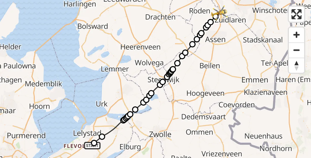 Vluchtroute Traumahelikopter Lelystad Airport - Groningen Airport Eelde, 14 juli 2026, 12:07