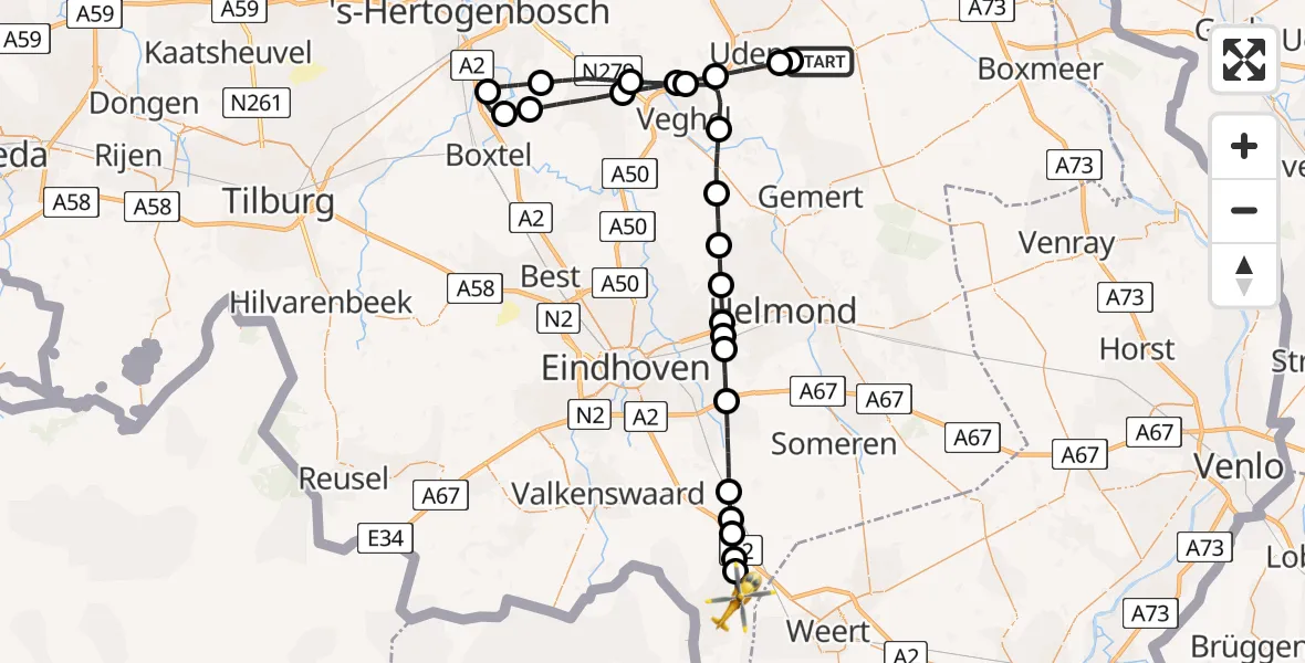 Vluchtroute Traumahelikopter Vliegbasis Volkel - Budel, 14 juli 2026, 12:38