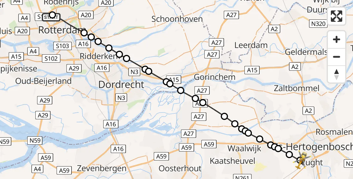 Vluchtroute Traumahelikopter Rotterdam The Hague Airport - Vught, 14 juli 2026, 14:26