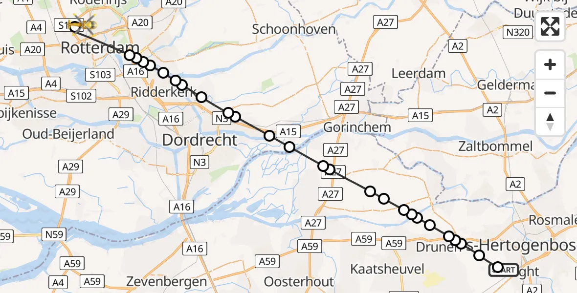 Vluchtroute Traumahelikopter Vught - Rotterdam The Hague Airport, 14 juli 2026, 15:13