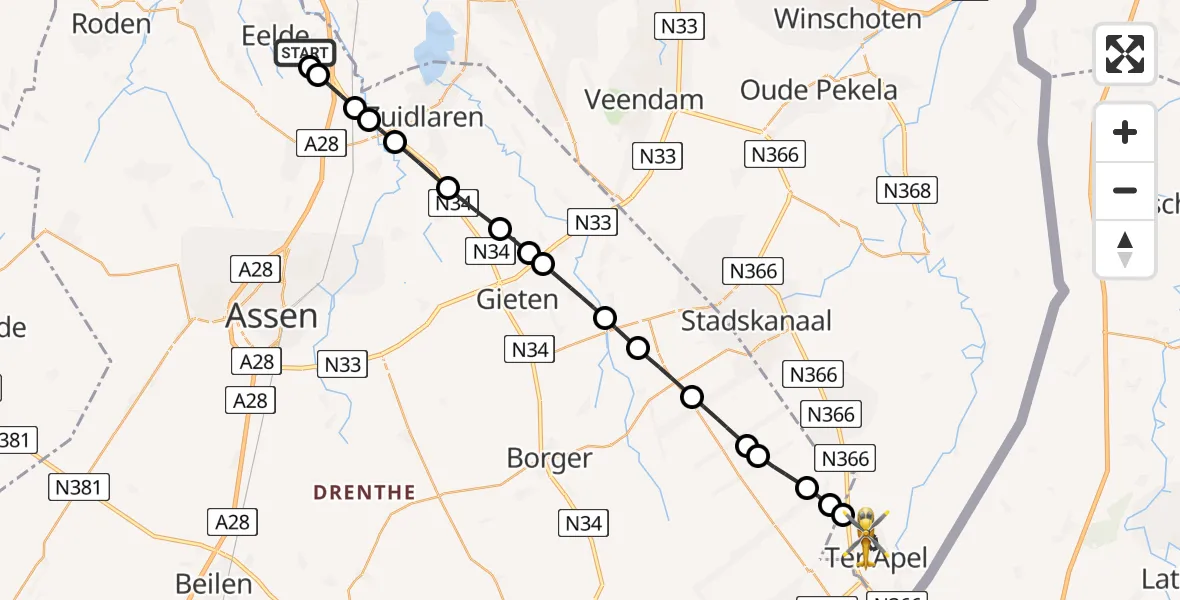Vluchtroute Traumahelikopter Groningen Airport Eelde - Ter Apel, 14 juli 2026, 16:39