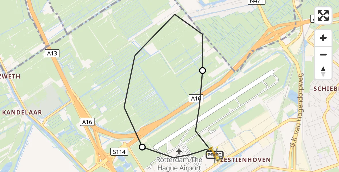 Vluchtroute Traumahelikopter Rotterdam The Hague Airport - Rotterdam The Hague Airport, 14 juli 2026, 16:47