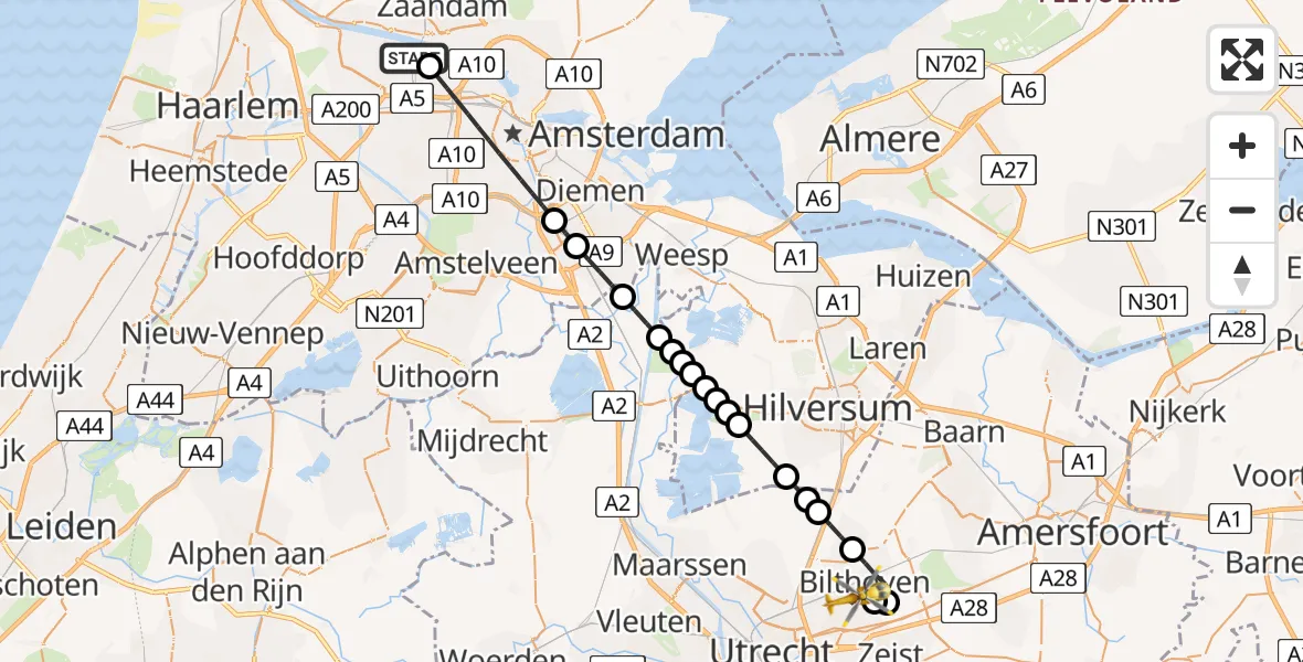 Vluchtroute Traumahelikopter Amsterdam Heliport - Bilthoven, 14 juli 2026, 16:58