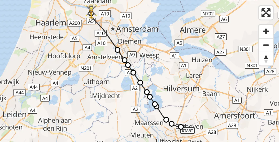 Vluchtroute Traumahelikopter Bilthoven - Amsterdam Heliport, 14 juli 2026, 17:40