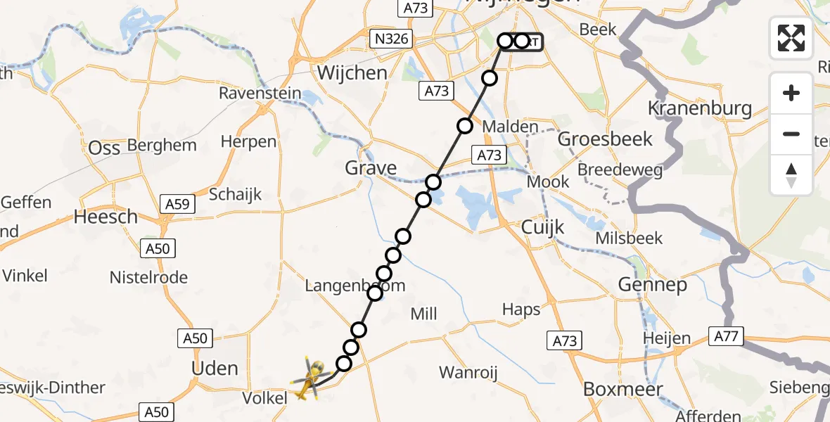 Vluchtroute Traumahelikopter Radboud Universitair Medisch Centrum - Vliegbasis Volkel, 14 juli 2026, 20:15