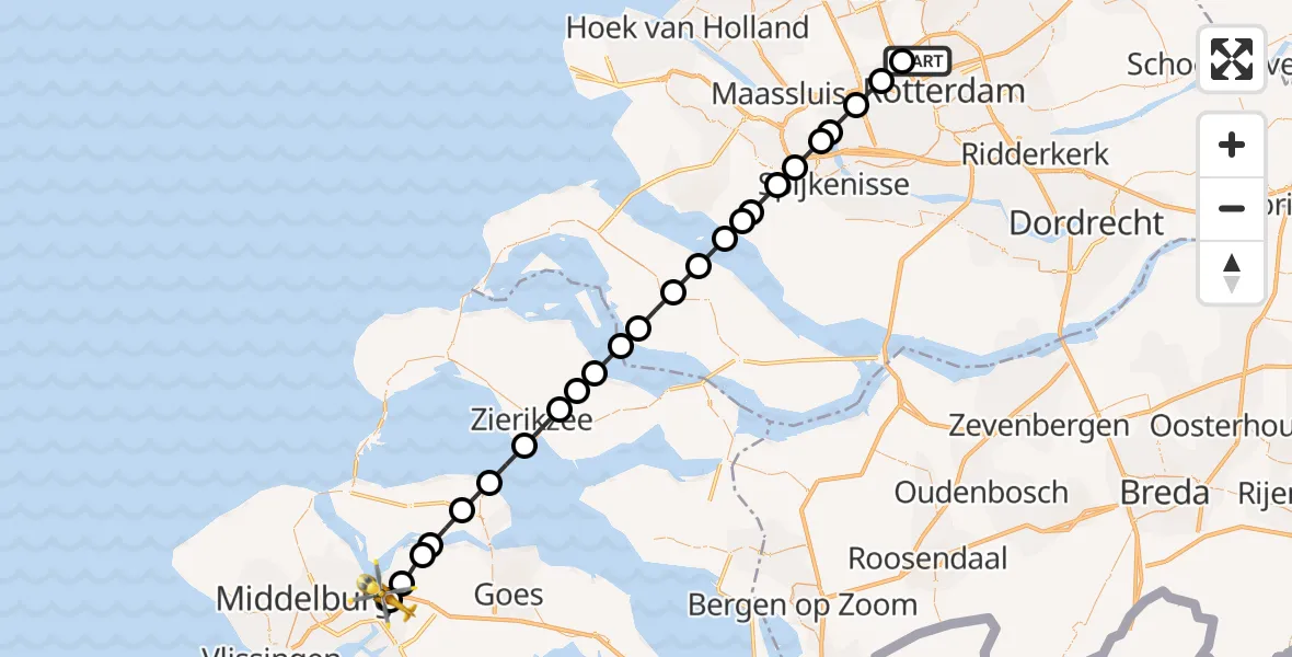 Vluchtroute Traumahelikopter Rotterdam The Hague Airport - Lewedorp, 14 juli 2026, 21:11