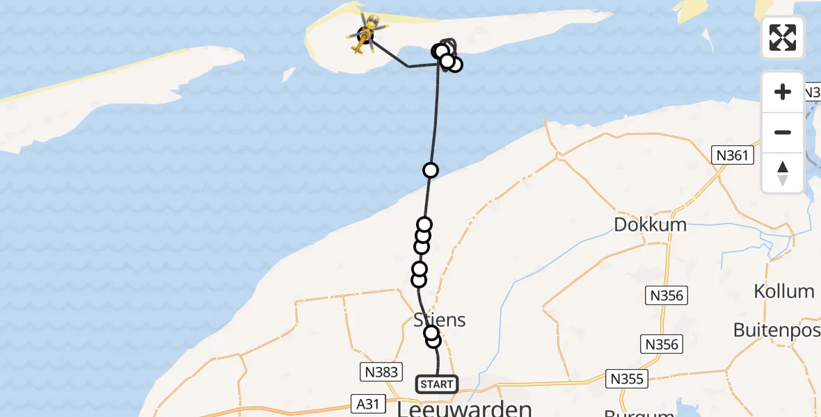 Vluchtroute Ambulancehelikopter Vliegbasis Leeuwarden - Ameland Vliegveld Ballum, 14 juli 2026, 22:06