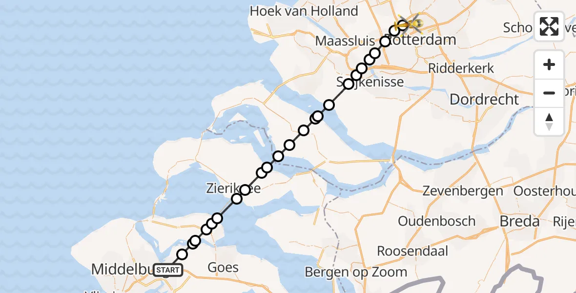Vluchtroute Traumahelikopter Lewedorp - Rotterdam The Hague Airport, 14 juli 2026, 22:20