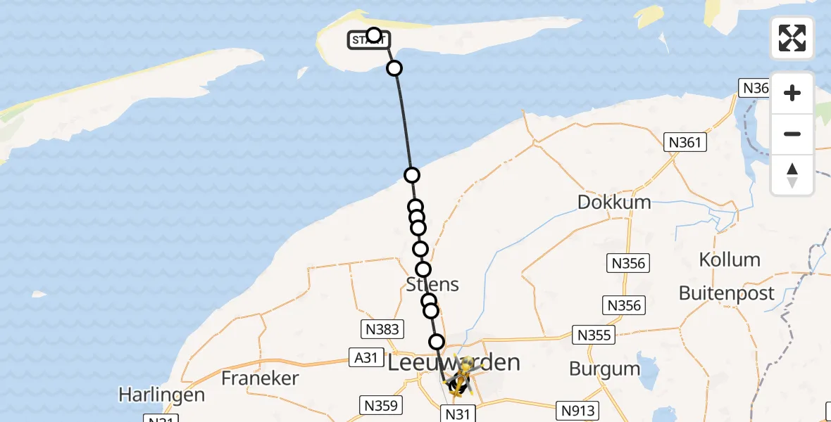 Vluchtroute Ambulancehelikopter Ameland Vliegveld Ballum - Leeuwarden Medical Center Heliport, 14 juli 2026, 22:36