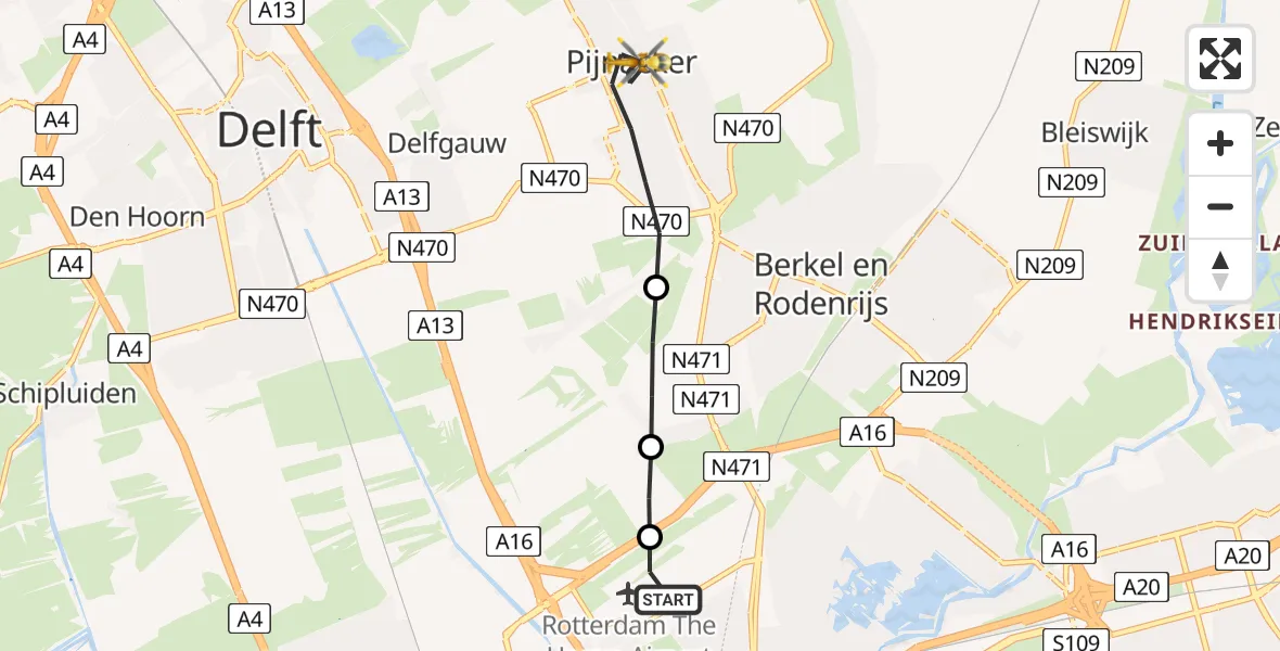 Vluchtroute Traumahelikopter Rotterdam The Hague Airport - Pijnacker, 15 juli 2026, 06:45
