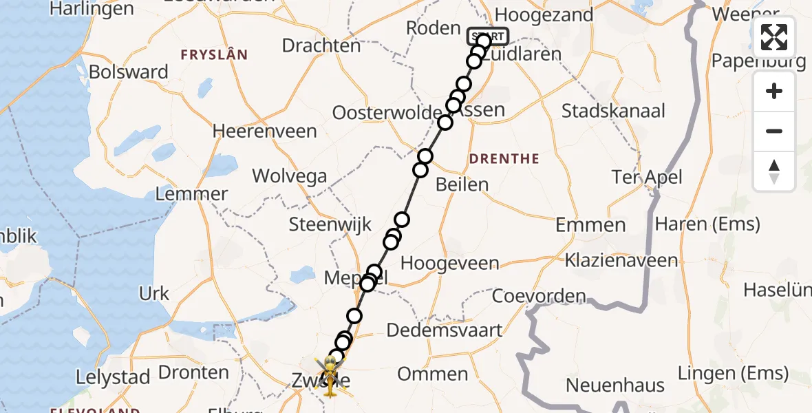 Vluchtroute Traumahelikopter Groningen Airport Eelde - Isala Hospital Zwolle Heliport, 15 juli 2026, 06:54