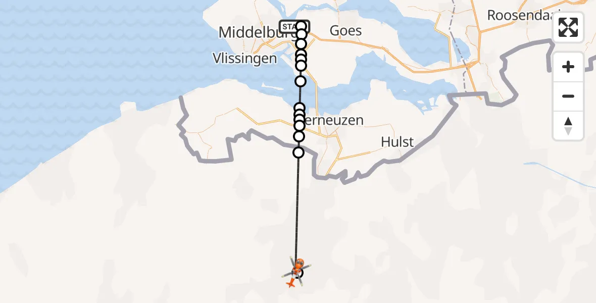 Vluchtroute Kustwachthelikopter Vliegveld Midden-Zeeland - Ghent/Industry Zone Heliport, 15 juli 2026, 07:05