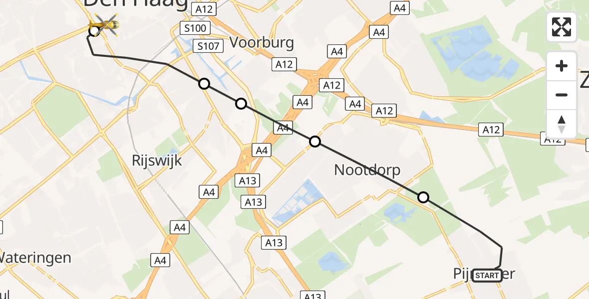 Vluchtroute Traumahelikopter Pijnacker - HMC Westeinde Heliport, 15 juli 2026, 07:42