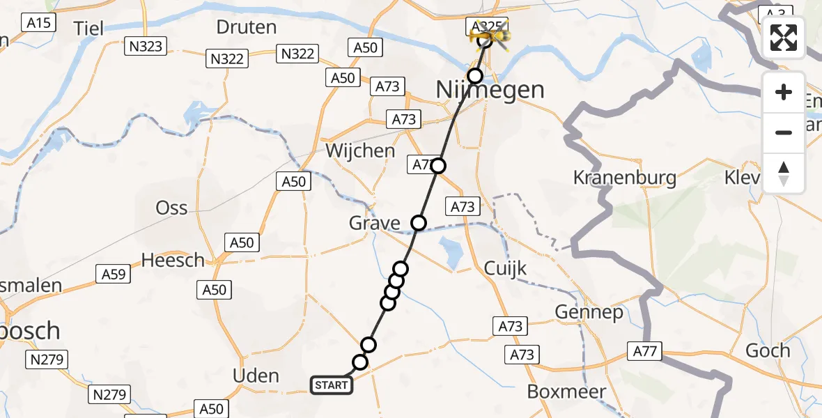 Vluchtroute Traumahelikopter Vliegbasis Volkel - Nijmegen, 15 juli 2026, 08:15