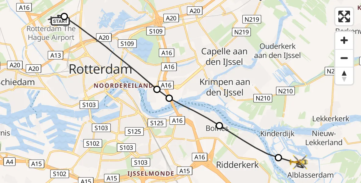 Vluchtroute Traumahelikopter Rotterdam The Hague Airport - Alblasserdam, 15 juli 2026, 08:24