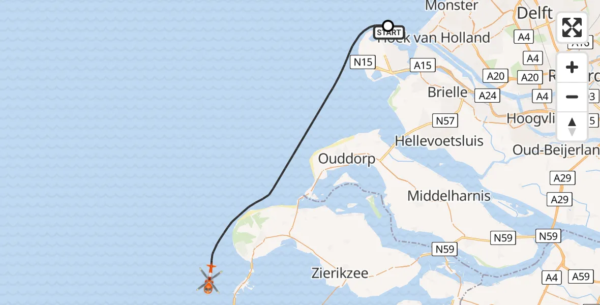 Vluchtroute Kustwachthelikopter Maasvlakte Rotterdam - Noordzee, 15 juli 2026, 08:25