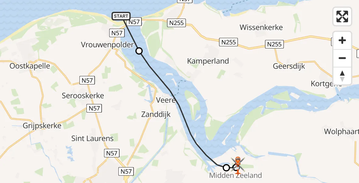 Vluchtroute Kustwachthelikopter Vrouwenpolder - Vliegveld Midden-Zeeland, 15 juli 2026, 08:41