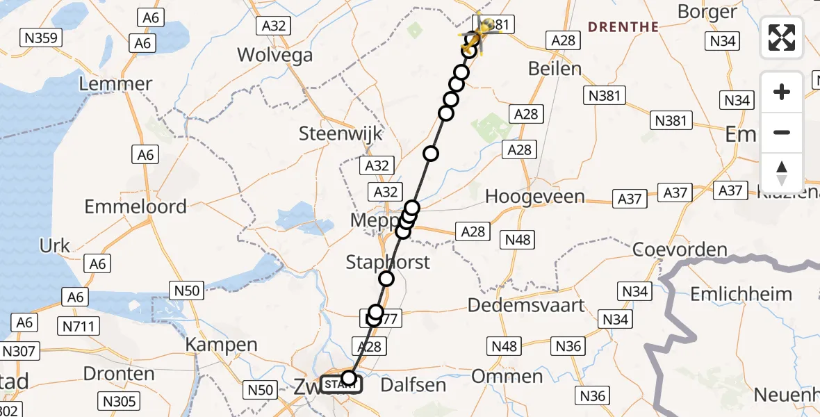 Vluchtroute Traumahelikopter Isala Hospital Zwolle Heliport - Hoogersmilde, 15 juli 2026, 08:43
