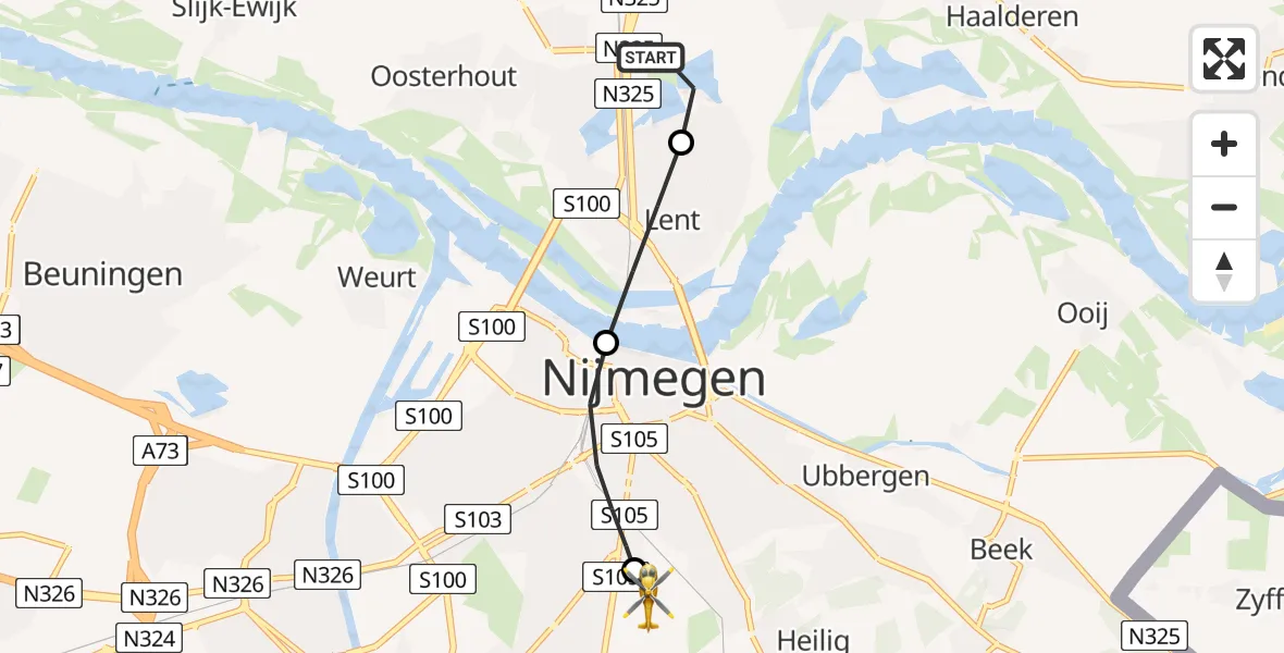 Vluchtroute Traumahelikopter Nijmegen - Radboud University Medical Center Heliport, 15 juli 2026, 08:54