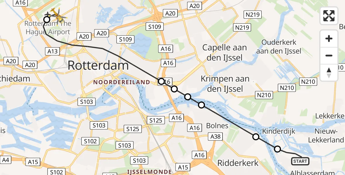 Vluchtroute Traumahelikopter Alblasserdam - Rotterdam The Hague Airport, 15 juli 2026, 09:01