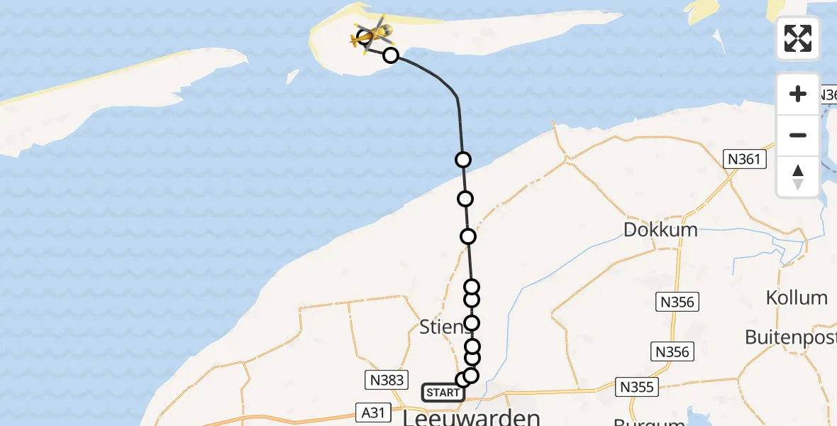Vluchtroute Ambulancehelikopter Vliegbasis Leeuwarden - Ameland Vliegveld Ballum, 15 juli 2026, 09:39