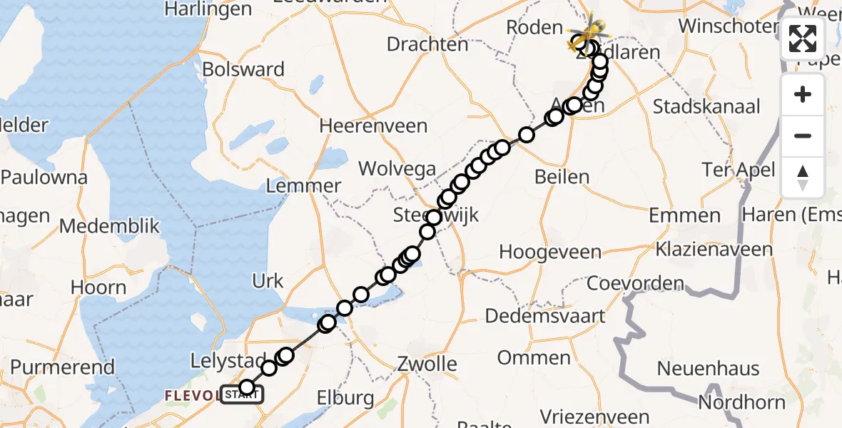 Vluchtroute Traumahelikopter Lelystad Airport - Groningen Airport Eelde, 15 juli 2026, 09:50