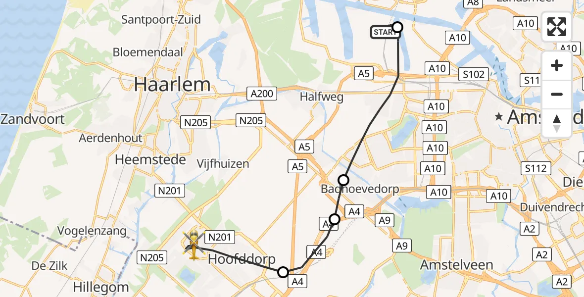 Vluchtroute Traumahelikopter Amsterdam Heliport - Hoofddorp, 15 juli 2026, 09:51