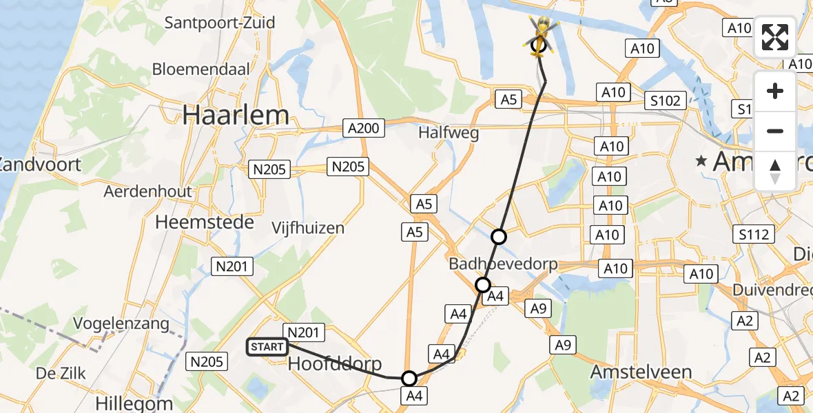 Vluchtroute Traumahelikopter Hoofddorp - Amsterdam Heliport, 15 juli 2026, 10:12