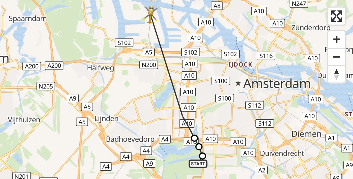 Vluchtroute Traumahelikopter Amstelveen - Amsterdam Heliport, 15 juli 2026, 10:48