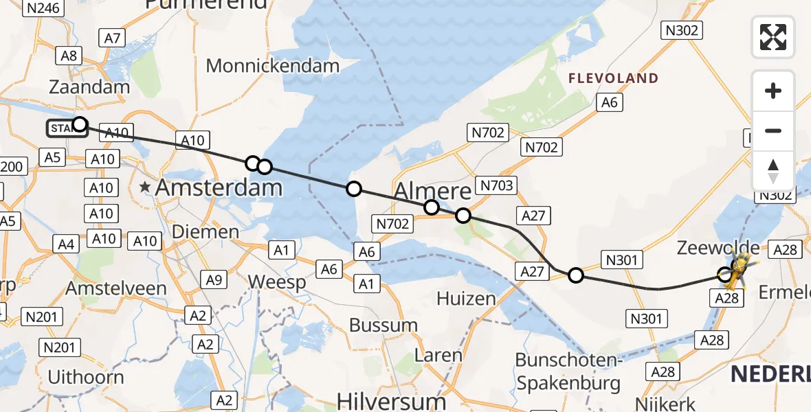 Vluchtroute Traumahelikopter Amsterdam Heliport - Ermelo, 15 juli 2026, 13:51
