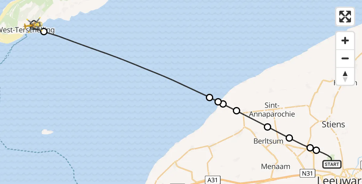 Vluchtroute Ambulancehelikopter Vliegbasis Leeuwarden - West-Terschelling, 15 juli 2026, 14:10