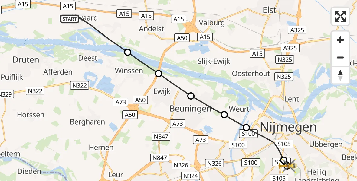 Vluchtroute Traumahelikopter Dodewaard - Radboud University Medical Center Heliport, 15 juli 2026, 14:25