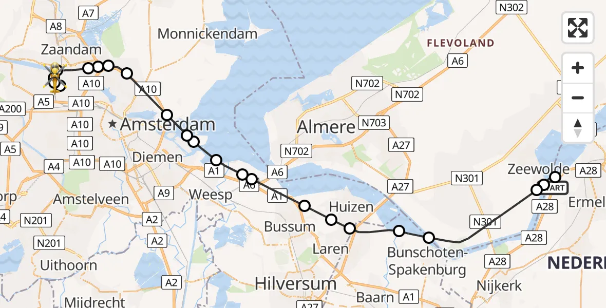 Vluchtroute Traumahelikopter Ermelo - Amsterdam Heliport, 15 juli 2026, 14:27