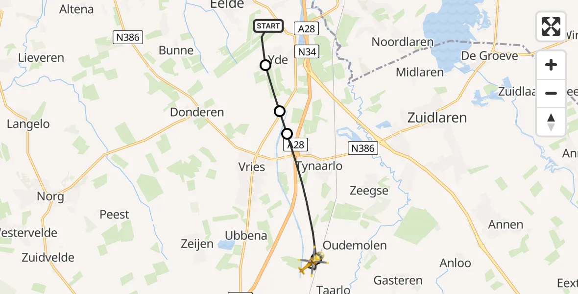 Vluchtroute Traumahelikopter Groningen Airport Eelde - Taarlo, 15 juli 2026, 14:39