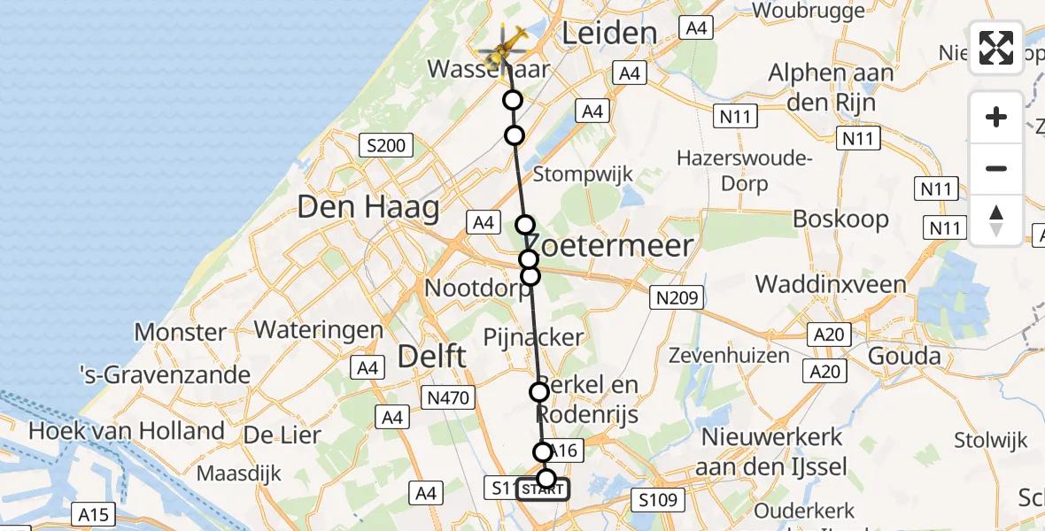 Vluchtroute Traumahelikopter Rotterdam The Hague Airport - Wassenaar, 15 juli 2026, 14:39