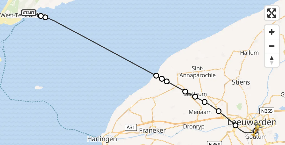 Vluchtroute Ambulancehelikopter West-Terschelling - Leeuwarden Medical Center Heliport, 15 juli 2026, 14:45